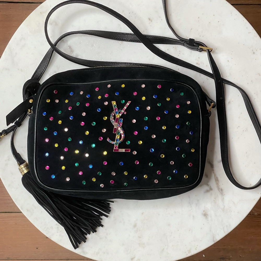 YSL | Black Suede Crystal Embellished Lou Camera Crossbody Bag